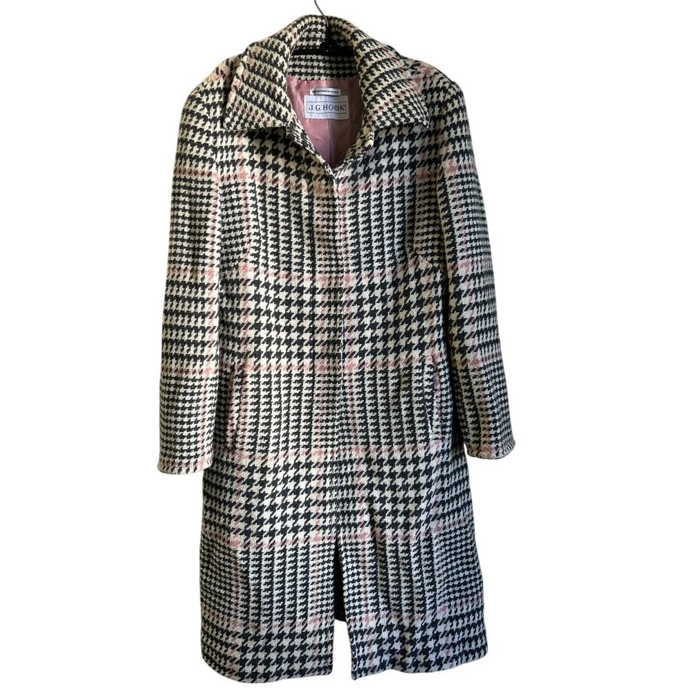 JG Hook Women's Gray Pink Cream Houndstooth Check Long Button Up Coat Size 8
